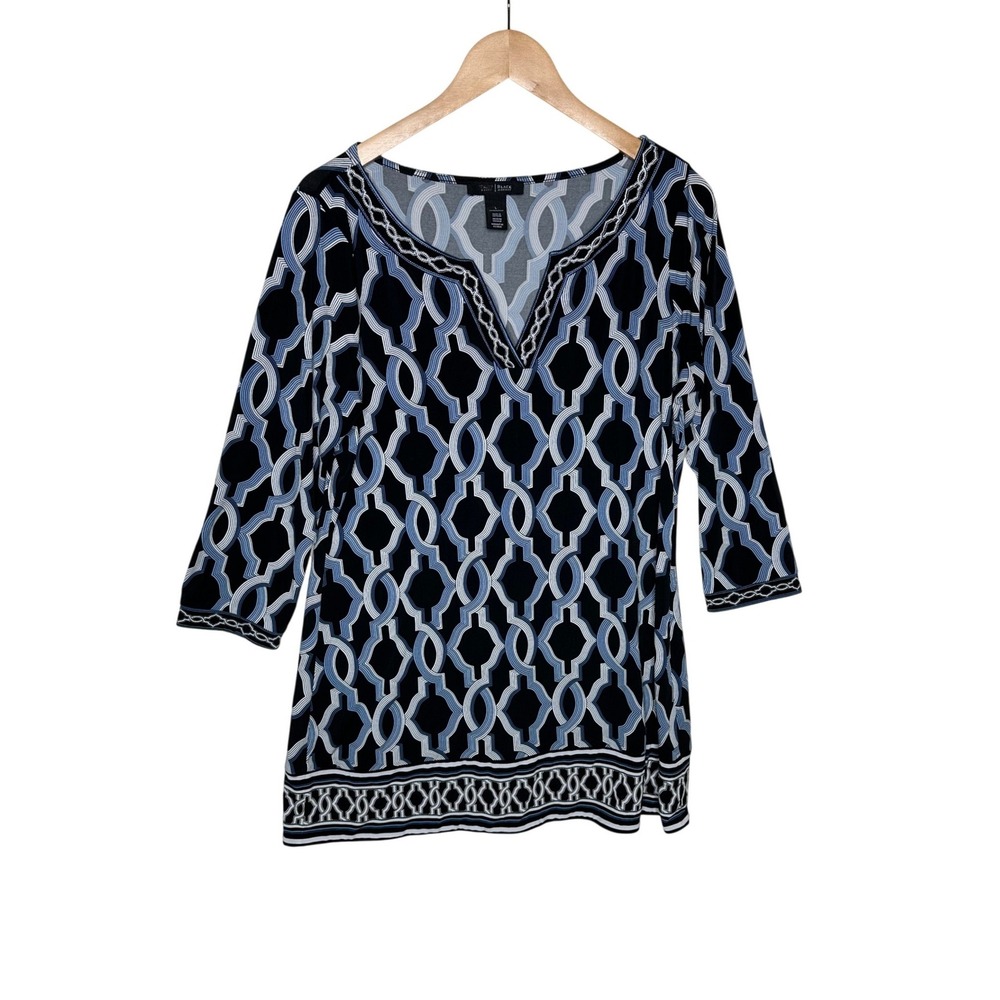 White House Black Market Black and Blue 3/4 Sleeve Tunic Top Size Large Womens
